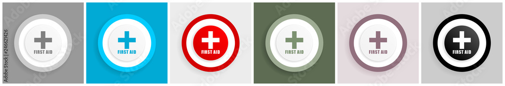 Poster First aid icon set, vector illustrations in 6 options for web design and mobile applications
