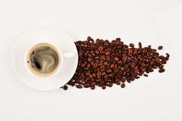 Cup of coffee and coffee beans.