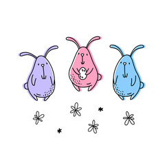 Vector illustration of colored Easter Bunnies. Doodle style
