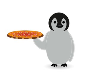 penguin holding  pizza food in hand smells good taste awesome