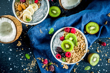 Homemade granola with chia seeds yogurt pudding, fresh fruit and berries, on dark blue concrete background copy space