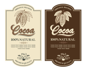 collection of labels with cocoa beans, branch and leaves