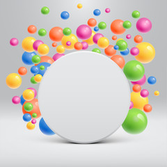 Blank white template with colorful balls floating around for advertising, vector illustration