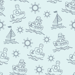 Seamless baby pattern with cute shps in ocean. Vector bright illustration with boats in the sea for kids. Seamless childrens background for wallpapers or textile.
