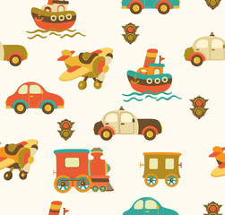 Fototapeta na wymiar Seamless baby pattern with cute cars, airplane and ship. Vector bright illustration for kids. Seamless childrens background for wallpapers or textile.