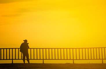 Tourist man hiker on top of the mountain. Active life concept