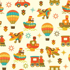 Obraz na płótnie Canvas Seamless baby pattern with cute cars, airplane and ship. Vector bright illustration for kids. Seamless childrens background for wallpapers or textile.