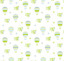 Seamless baby pattern with cute cars, airplane and ship. Vector bright illustration for kids. Seamless childrens background for wallpapers or textile.