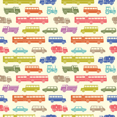 Seamless baby pattern with cute cars. Vector bright illustration for kids. Seamless childrens background for wallpapers or textile.