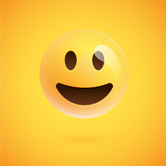 Realistic yellow emoticon in front of a yellow background, vector illustration