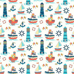 Seamless baby pattern with cute shps in ocean. Vector bright illustration with boats in the sea for kids. Seamless childrens background for wallpapers or textile.