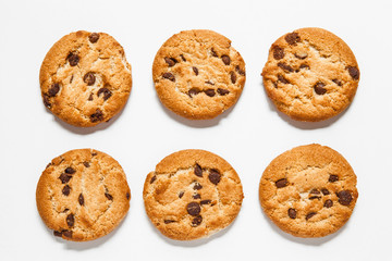 Chocolate chip cookies isolated on white background. Sweet biscuits. Homemade pastry