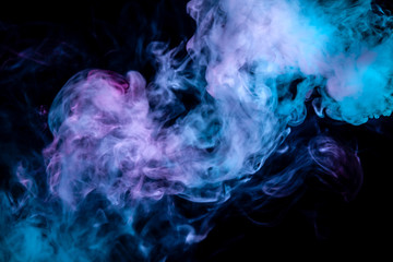Dense exhaled blue purple and white smoke in the form of a cloud on a black background moves smoothly into the dissolving vapor column from the vape. T-shirt print.