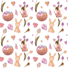 Cute baby easter rabbit seamless pattern, illustration for children clothing. Watercolor Hand drawn