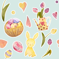 Cute baby easter rabbit seamless pattern, illustration for children clothing. Watercolor Hand drawn