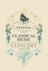 Vector poster for a concert of classical music with grand piano and vignette in vintage style on beige background - obrazy, fototapety, plakaty