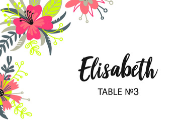 Modern style escort wedding invitation card with flower frame background, hand drawn floral elements label. Vector design template, isolated. Welcome card in trendy and fashion bright colours.