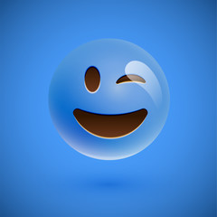 Fototapeta premium Blue realistic emoticon smiley face, vector illustration