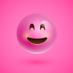 Pink realistic emoticon smiley face, vector illustration