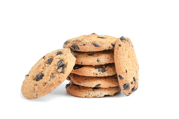 Stack of tasty chocolate chip cookies on white background