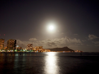 Full Large Moon hangs over Diamond Head Crater, Waikiki hotels, and Marina at Night