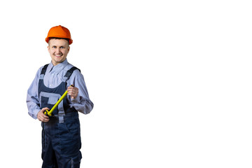 Builder engineer with a tape measure in the hands of. Smiling on an isolated white background.