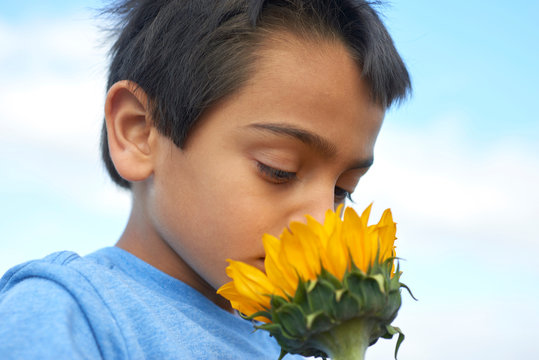 portrait of child outdoors smelling a sunflower