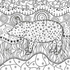 Ornate square wallpaper with pig. Hand drawn waved ornaments on white. Abstract patterns on isolated background. Design for spiritual relaxation for adults. Line art. Black and white illustration