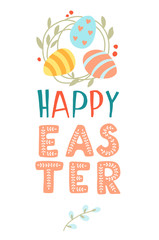 Funny cute colorful greeting Happy Easter card with Easter eggs