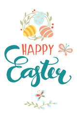 Fototapeta na wymiar Funny cute colorful greeting Happy Easter card with Easter eggs