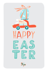 Funny cute colorful greeting Happy Easter card with Easter eggs