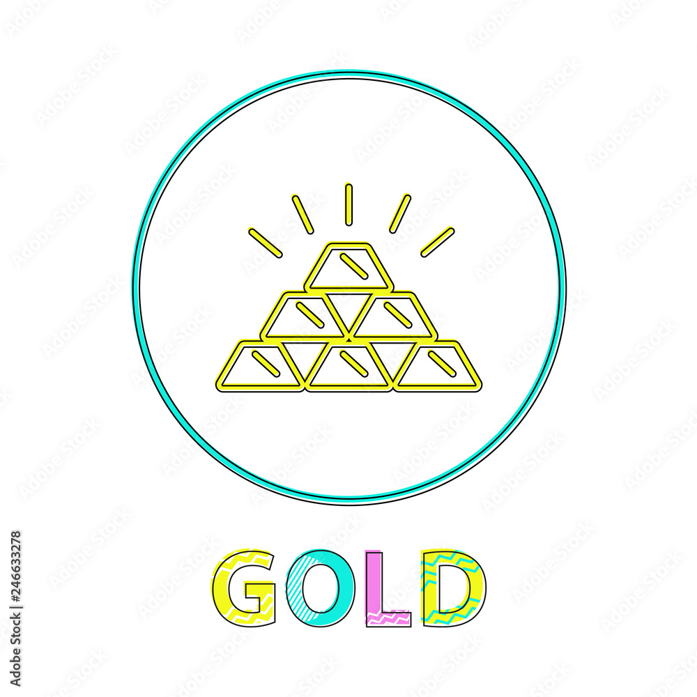 Poster gold web button, linear icon for online payments. stack of precious metal outline template of button