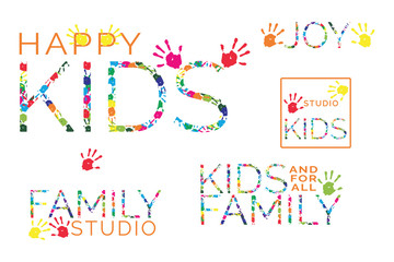 Classic, universal kids hand prints rainbow Logos set for your business, flyer, cards, invitations, web- design, advertising elements kit