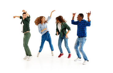group of cheerful young people men and women isolated on white background.