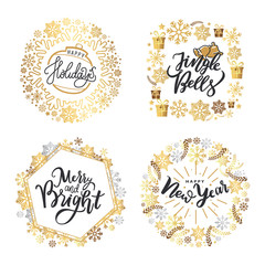 Holly Jolly, Merry Christmas, New Year, Happy Holidays and warm wishes, cookies for Santa lettering text, Xmas greeting cards with ornamental golden frames on white background
