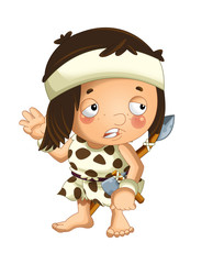 cartoon scene with happy caveman barbarian warrior with spear and axe on white background illustration for children