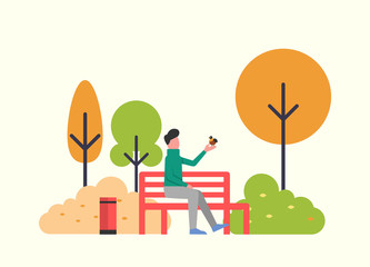 Man sitting with bird in autumn fall season park vector. Male relaxing on nature, trees and bushes with leaves foliage. Autumnal scenery, flora fauna