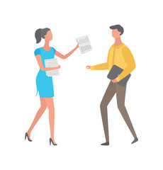 Man and woman achieving business excellence. Manager with list of paper in hands and man in yellow shirt with briefcase in hands vector cartoon people isolated