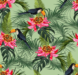 Tropical seamless pattern with leaves and red parrot bird