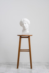 Plaster head, antique sculpture for learning to draw. Standing on a stool on a white background.
