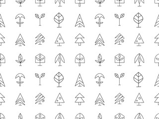 Set of vector graphic hand drawn stylized illustrations of trees. Decorative abstract seamless pattern with drawing icons, doodle style. Black and white color. Simple design. Print for fabric, textile
