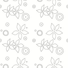 Seamless vector hand drawn pattern with decorative elements, flowers, leaves. dots. Black and white background, graphic illustration, doodle style.