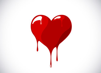 Red heart shape melting with drops. Bloody heart symbol for logo, branding. - obrazy, fototapety, plakaty