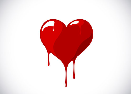 Red heart shape melting with drops. Bloody heart symbol for logo, branding.