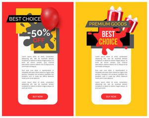 Half price discounts vector web pages templates. Best choice of premium goods, sale label tags decorated by packed gift boxes and red air balloon icons