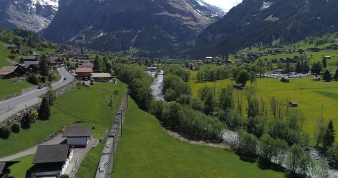 Train arrival in Grindelwald - Aerial 4K