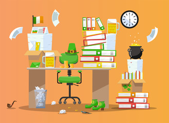 Leprechaun office. Workplace decorated for the feast of St. Patrick. Office chair behind table with piles of paper documents, beer mugs, Bowler of Gold, Green Hat, Coins on desk. Flat cartoon vector