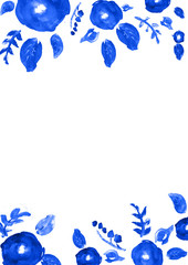 Painted watercolor composition with flowers and leaves. Frame of roses. Floral border. Can be used as invitation card for wedding, birthday, other holiday, summer background, poster, banner.