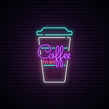 Coffee to go neon sign. Light coffee cup on brick wall background. Takeaway coffee emblem. Vector illustration in neon style.