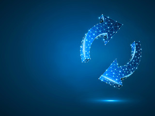Refresh circular arrows symbol. Wireframe digital 3d illustration. Low poly, repeat, refresh button concept on blue background. Abstract Raster polygonal neon sign. RGB color mode